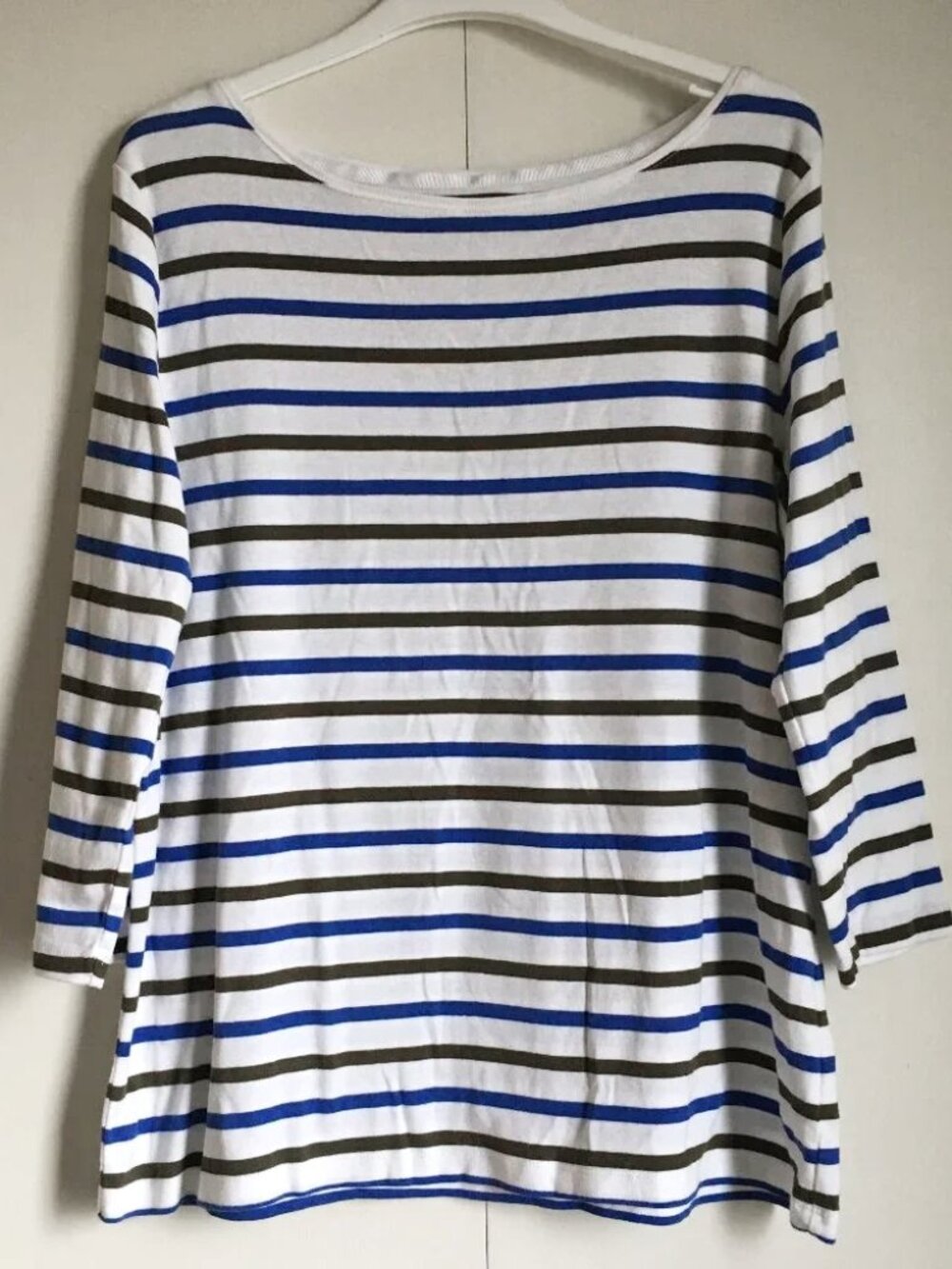 Talbots Cotton Blue White Charcoal Grey Stripes 3/4 Sleeve Top XL Coastal